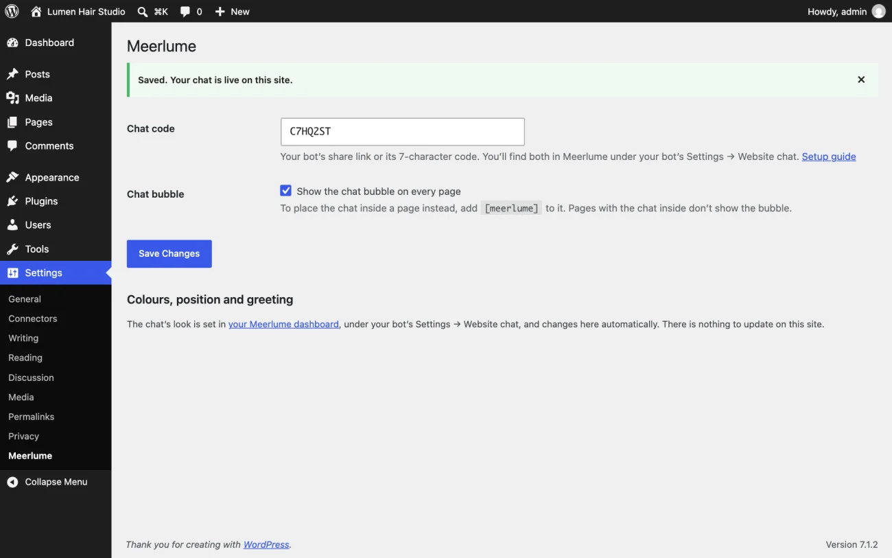 The Meerlume settings page in WordPress confirming that the chat is live on the site