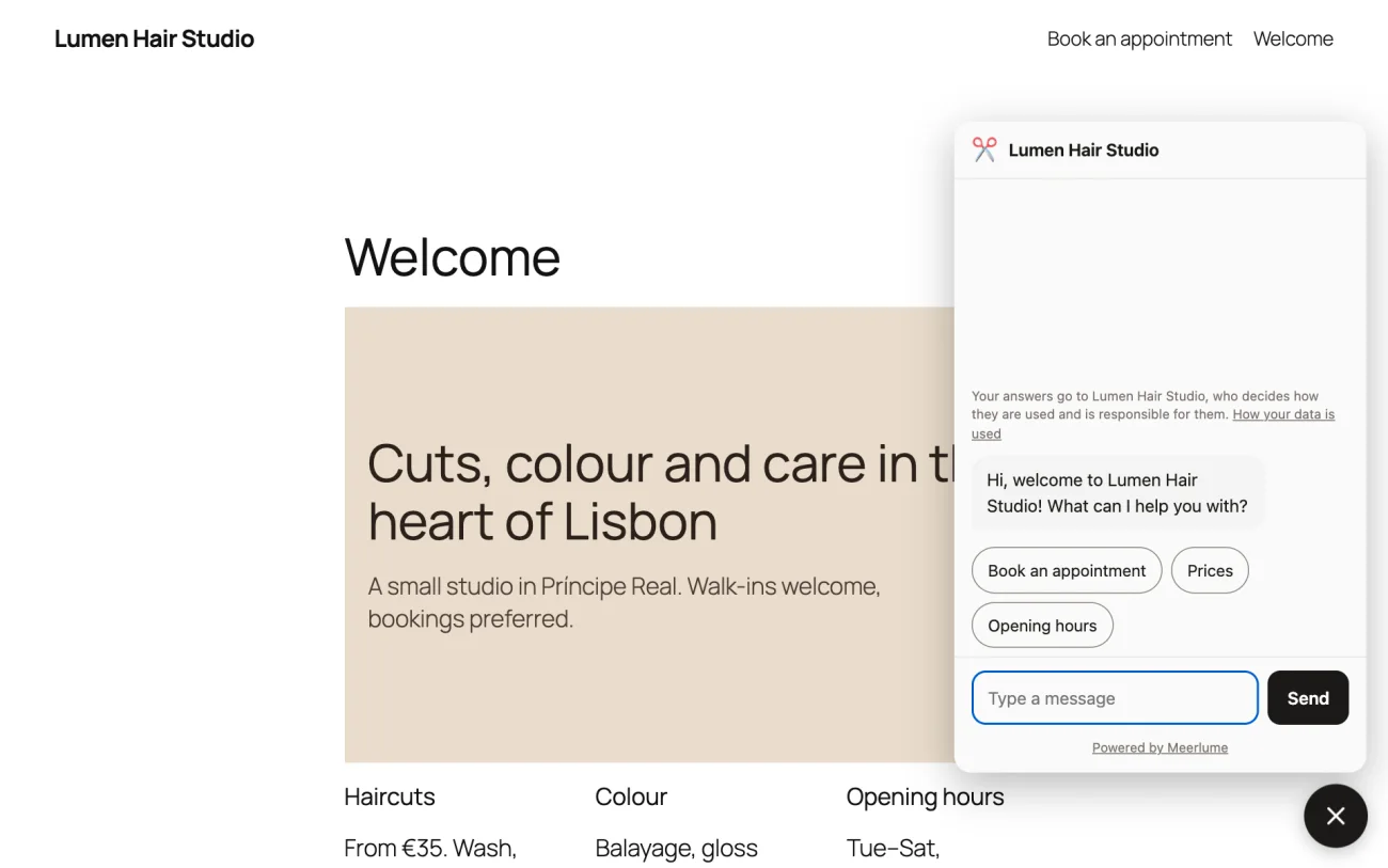 A salon's WordPress home page with the chat opened from the bubble, offering to book an appointment