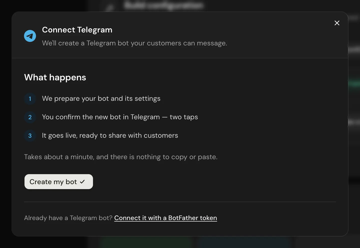 The Connect Telegram dialog with the Create my bot button and the BotFather link below it