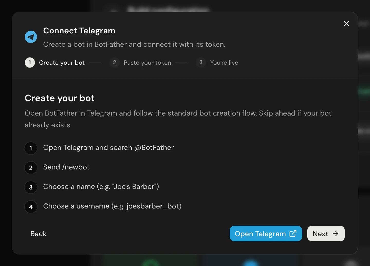 The manual route: Create your bot in BotFather, with the three-step rail and Open Telegram